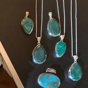 Green Teardrop Gemstone Pendant Necklace - Sterling Silver lot of Six pendants.